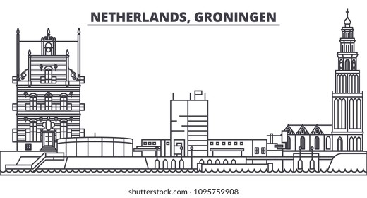 Netherlands, Groningen line skyline vector illustration. Netherlands, Groningen linear cityscape with famous landmarks, city sights, vector landscape. 