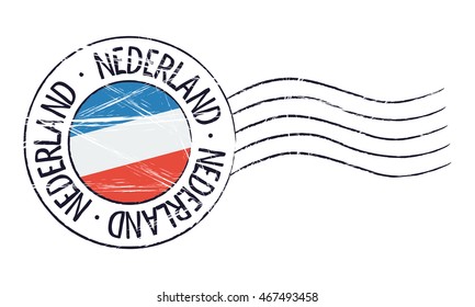 Netherlands grunge postal stamp and flag on white background