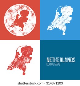 Netherlands Grunge Retro Map - Three silhouettes Netherlands maps with different unique letterpress vector textures - Infographic and geography resource