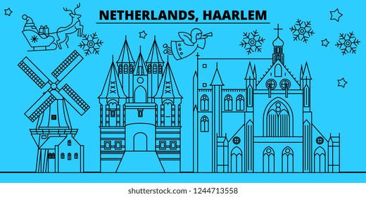 Netherlands, Haarlem winter holidays skyline. Merry Christmas, Happy New Year decorated banner with Santa Claus.Netherlands, Haarlem linear christmas city vector flat illustration