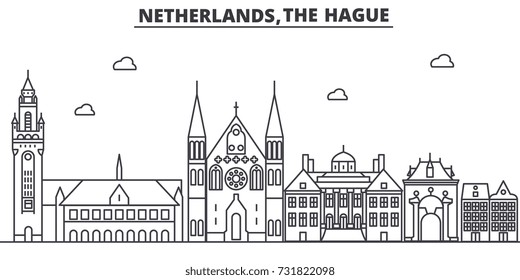 Niederlande, Haager Architektur Linie Skyline-Illustration. Lineares Vektorbild mit berühmten Wahrzeichen, Sehenswürdigkeiten, Designsymbols. Landschaft mit bearbeitbaren Strichen