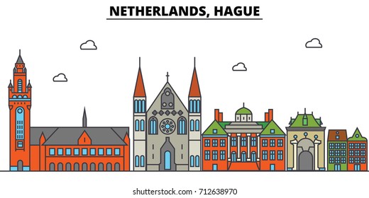 Netherlands, Hague. City skyline: architecture, buildings, streets, silhouette, landscape, panorama, landmarks. Editable strokes. Flat design line vector illustration concept. Isolated icons set