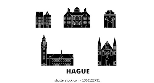 Netherlands, Hague flat travel skyline set. Netherlands, Hague black city vector illustration, symbol, travel sights, landmarks.