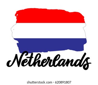 Netherlands hand drawn ink brush lettering with the national flag of the country. Calligraphy word "Netherlands". Netherlands national symbol