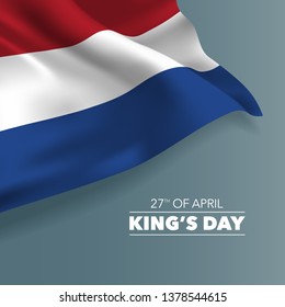 Netherlands happy King's day greeting card, banner vector illustration. Dutch holiday 27th of April design element with flag with curves 