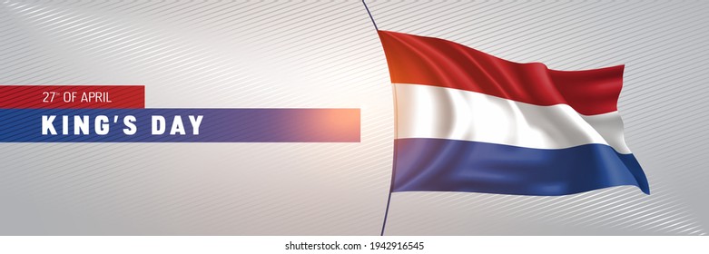 Netherlands happy king's day greeting card, banner vector illustration. Dutch national holiday 27th of April design element with 3D waving flag on flagpole