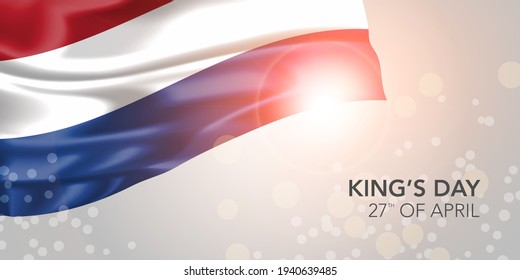 Netherlands happy king's day vector banner, greeting card. Dutch realistic wavy flag in 27th of April national patriotic holiday horizontal design