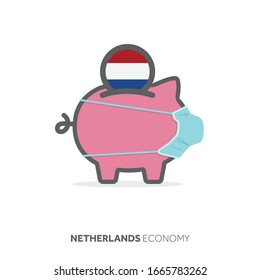 Netherlands healthcare savings. Piggy bank with medical face mask