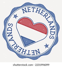 Netherlands heart flag logo. Country name text around Netherlands flag in a shape of heart. Astonishing vector illustration.