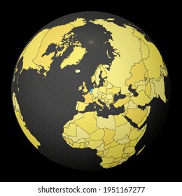 Netherlands highlighted on a dark globe with a yellow world map. Satellite world projection centered on the Netherlands. Authentic vector illustration.