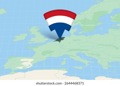 Netherlands Highlighted on Europe Map with Flag Icon. Detailed Vector Design.
