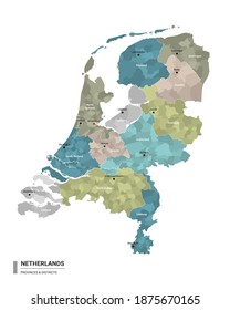 Netherlands higt detailed map with subdivisions. Administrative map of Netherlands with districts and cities name, colored by states and administrative districts. Vector illustration.