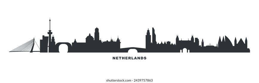 Netherlands, Holland country skyline with cities panorama. Vector flat banner, logo. Amsterdam, Rotterdam, The Hague, Utrecht silhouette for footer, steamer, header. Isolated graphic