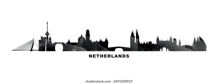 Netherlands, Holland country skyline, cities panorama. Vector banner or long logo with abstract texture.   Amsterdam, Rotterdam, The Hague, Utrecht silhouette, isolated graphic