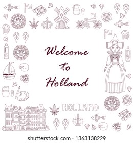 Netherlands Holland doodle icons and charcters traditional symbols vector set