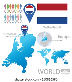 Netherlands. Holland. flag. World Map. vector Illustration.