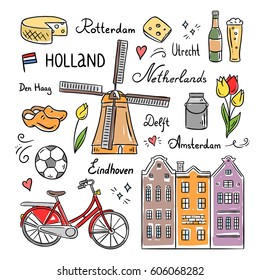 Netherlands and Holland hand drawn icons and symbols