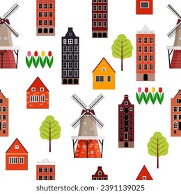 Netherlands or Holland houses, mills seamless pattern traveling