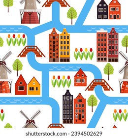 Netherlands or Holland houses, mills seamless pattern traveling. Dutch city with houses, mills and canals, seamless background. 