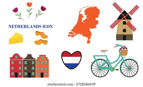 Netherlands or Holland icon vector element set. Traveling, culture and education theme. Tulips, map, bicycle, flag, house, cheese, windmill, 