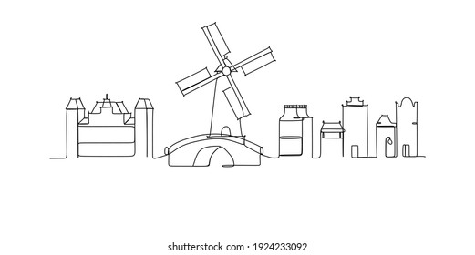 Netherlands holland landmark skyline - continuous one line drawing