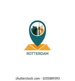 Netherlands Holland Rotterdam map city pin point geolocation modern skyline shape pointer vector flat logo web icon illustration