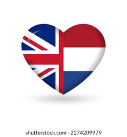 Netherlands or Holland and UK heart flags. 3d icon. Round British and Dutch national symbols. Vector illustration.