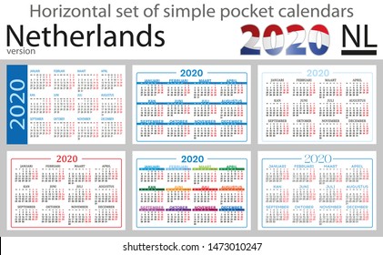 Netherlands horizontal set of pocket calendars for 2020 (Two thousand nineteen). Week starts Monday. New year. Color simple design. Vector