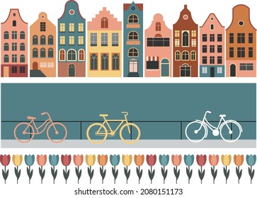 Netherlands Houses, Amsterdam traditional colorful homes, architecture illustrations