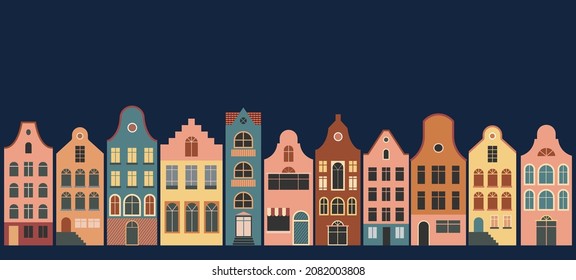 Netherlands Houses, Amsterdam traditional colorful homes, architecture illustrations