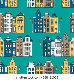 Netherlands houses set hand drawn seamless pattern. Colorful background vector. Wrapping with amsterdam houses, urban style design. Amsterdam panorama backdrop. Decorative wallpaper, good for printing
