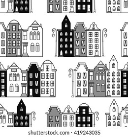 Netherlands houses set hand drawn seamless pattern. Doodle black and white background vector. Urban style. Sketch objects. Europe street decoration