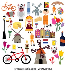 Netherlands Icon Collection, Holland Flag, Wind Mill, Soccer, Bicycle, Cheese (Vector Art) 