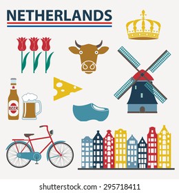 Netherlands icon set in flat style. Holland and Amsterdam symbols: wind mill, tulips, bicycle, beer. Template for travel and souvenir design. Colorful vector illustration.