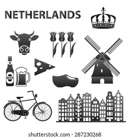 Netherlands icon set isolated on white background. Holland and Amsterdam symbols: wind mill, tulips, bicycle, beer. Template for travel design. Vector illustration.