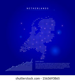 Netherlands illuminated map with glowing dots. Infographics elements. Dark blue space background. Vector illustration. Growing chart, lorem ipsum text.