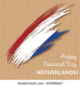 Netherlands Independence Day Patriotic Design. Expressive Brush Stroke in National Flag Colors on kraft paper background. Happy Independence Day Netherlands Vector Greeting Card.
