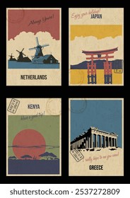 Netherlands, Japan, Kenya, Greece Main Attractions Postcard Windmills, The Floating Gate, Savannah, Parthenon Vector Templates Retro Greeting Cards. Handwriting wishes. Postal Imprints, Paper Texture