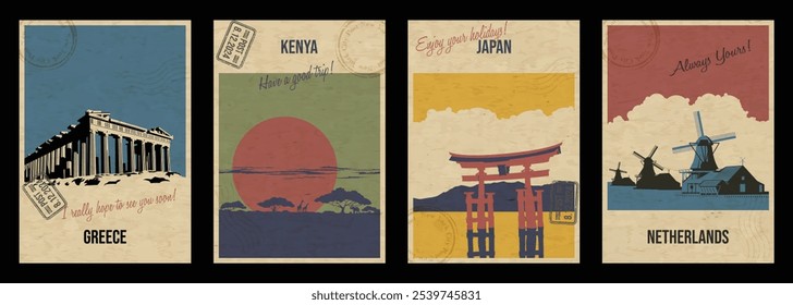 Netherlands, Japan, Kenya, Greece Main Attractions Postcard Set, Windmills, The Floating Gate, Savannah, Parthenon Vector Templates Retro Style Greeting Cards. Postal Imprints, Paper Texture