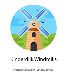 A netherlands kinderdijk windmills flat rounded icon 