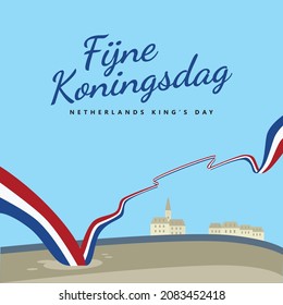 Netherlands king's day vector illustration with a long flag within traditional rural scenery. European country public holiday. Dutch text is translated as Happy King's Day