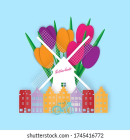 The Netherlands with landmarks, houses, windmill, and bicycles on the colorful tulip background. Paper cut style vector illustration.