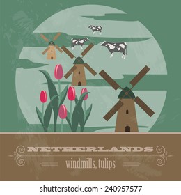 Netherlands landmarks. Retro styled image. Vector illustration