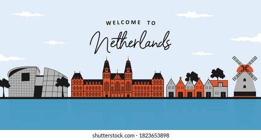 Netherlands landscape flat elements with orange color and blue background. Travel elements for advertisement and banner.