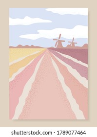 Netherlands Landscape With Tulips Field And Windmill. Holland Background. Vector Design Template For Posters, Covers, Greeting Card.