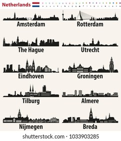 Netherlands largest cities skylines silhouettes vector set