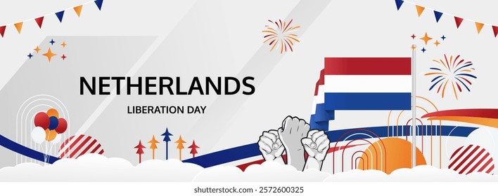 Netherlands Liberation Day modern greeting banner. 5th May Happy National Day. Holidays abstract concept in pop colors. Great for event like carnival, feast poster, support, culture and tourism