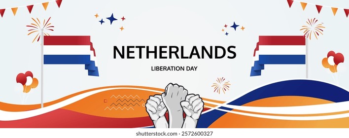 Netherlands Liberation Day modern greeting banner. 5th May Happy National Day. Holidays abstract concept in pop colors. Great for event like carnival, feast poster, support, culture and tourism