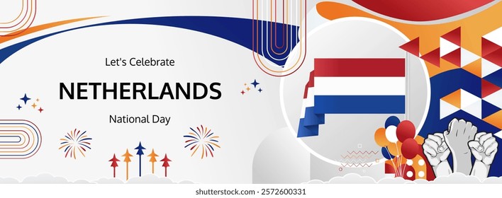 Netherlands Liberation Day modern greeting banner. 5th May Happy National Day. Holidays abstract concept in pop colors. Great for event like carnival, feast poster, support, culture and tourism