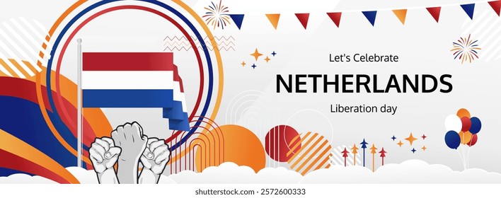 Netherlands Liberation Day modern greeting banner. 5th May Happy National Day. Holidays abstract concept in pop colors. Great for event like carnival, feast poster, support, culture and tourism